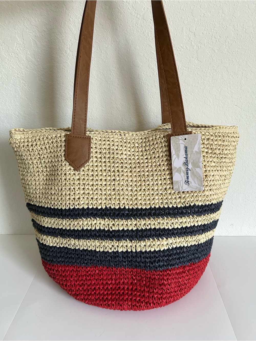 Tommy Bahama Red, Navy & Cream Straw Tote with Brown Handles